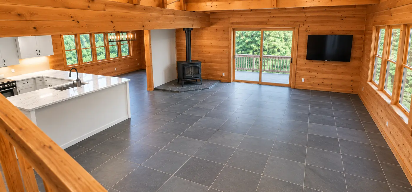 Finished lower level with a large tile floor, kitchen, wood stove and walkout doors