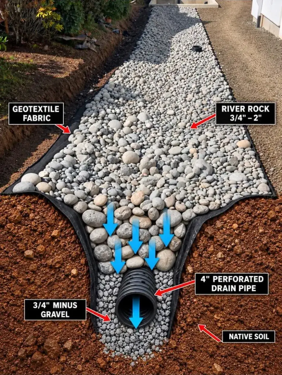 Cutaway diagram of a French drain: river rock on top, geotextile fabric lining the trench, and a 4 inch perforated drain pipe set in 3/4 inch minus gravel below