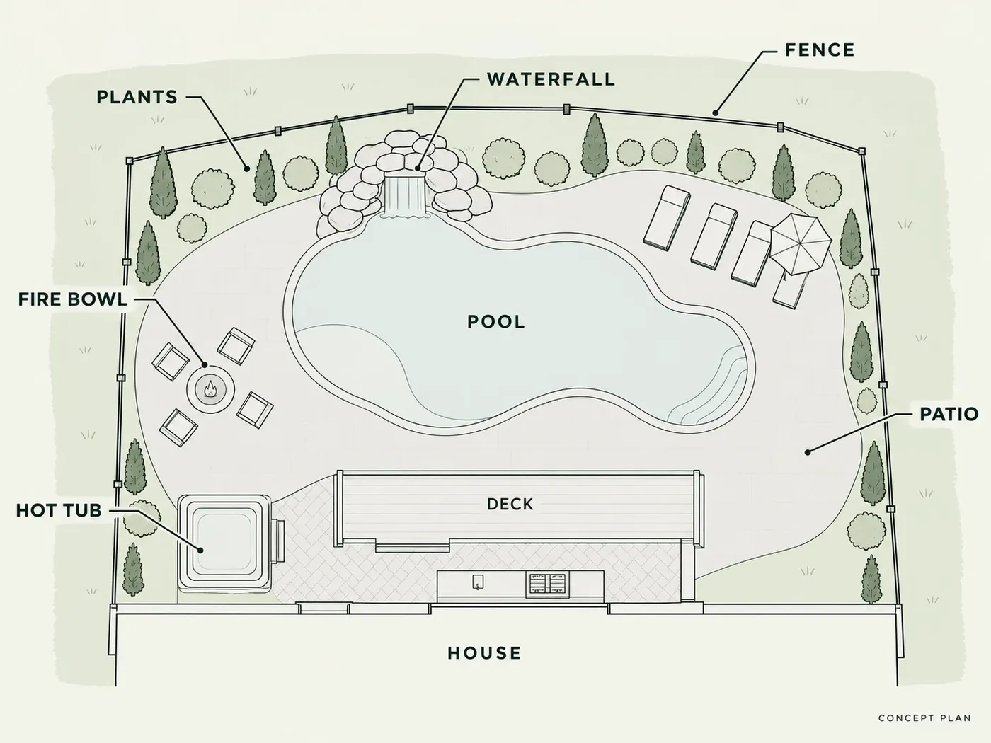 Concept plan of a backyard showing the house, deck, paver patio, pool with a rock waterfall, fire bowl seating, hot tub, plantings and fence
